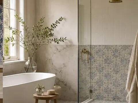 Bright bathroom with a freestanding bath and Portuguese tiles in the shower and on the floor
