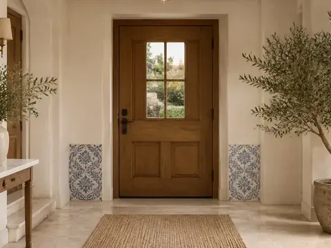 Bright entrance hall with a wooden door, olive tree and blue azulejo accents