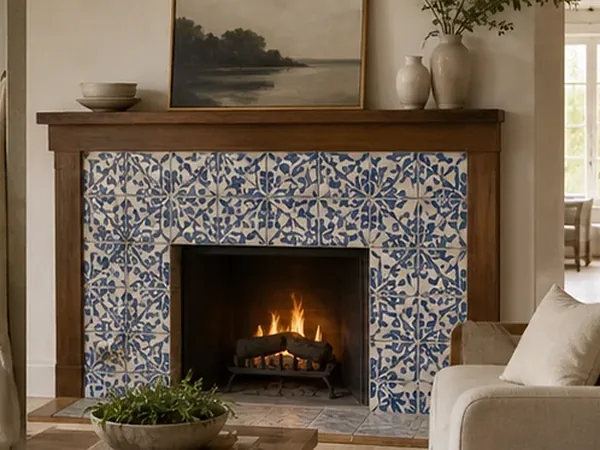 Living room fireplace surround clad in hand-painted blue azulejos